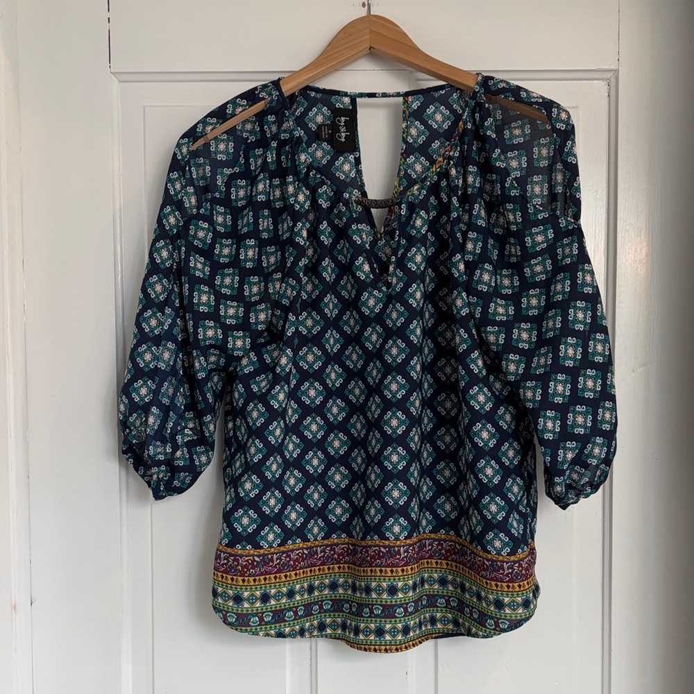 Boho Print Navy Peasant Cold Shoulder Blouse - Women's Size Small